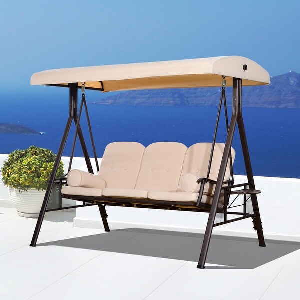 Outsunny Outdoor Patio 3Person Canopy Cushioned Seat Bench Swing with Included Side Trays and Padded Comfort