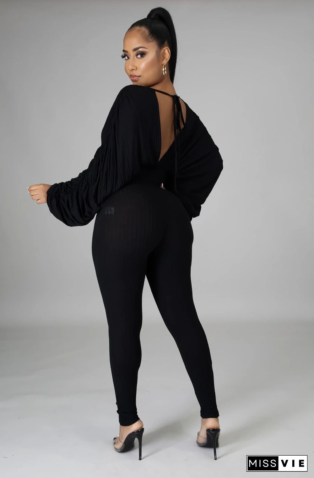 New High Elastic Solid Color Bat Sleeve Jumpsuit