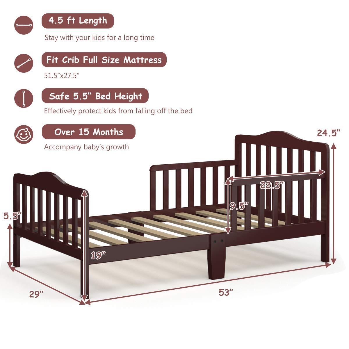 Costzon Toddler Bed, Classic Rubber Wood Kids Bed Frame