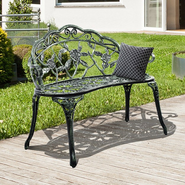 Costway Patio Garden Bench Chair Style Porch Cast Aluminum Outdoor Rose Antique Green