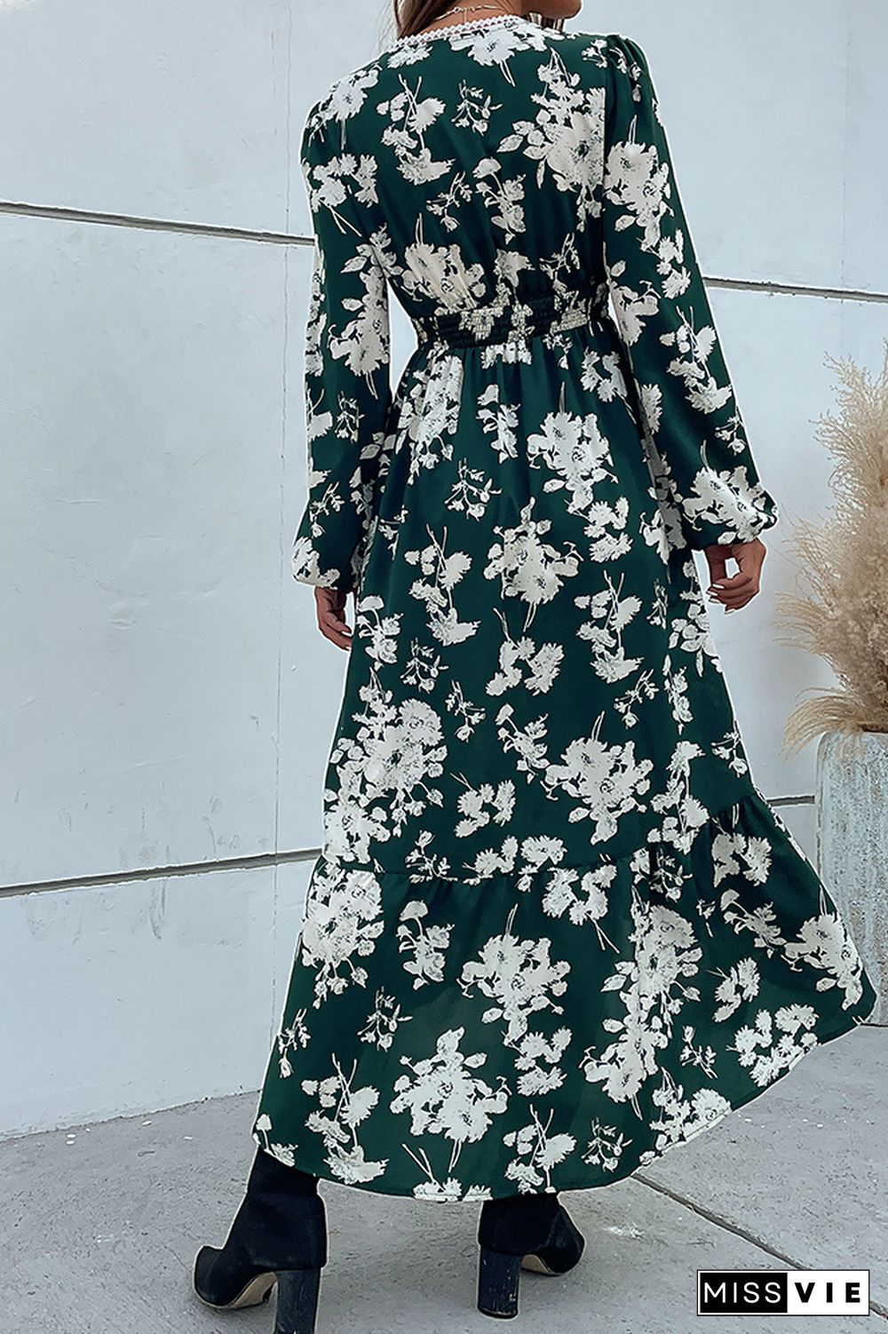 Green Wrap V Neck High Waist Floral Maxi Dress