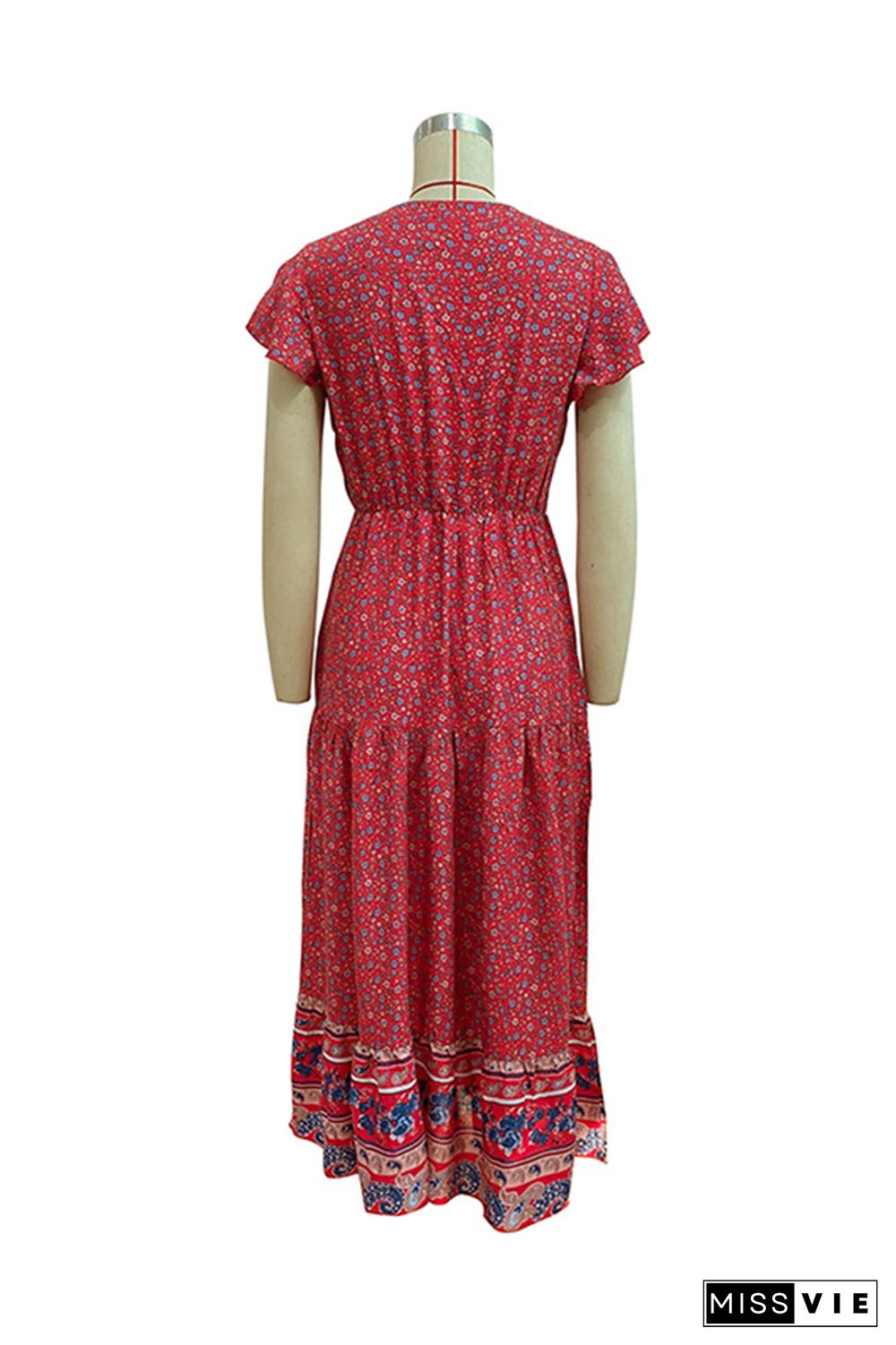 Red Floral V Neck Buttoned Bohemian Maxi Dress