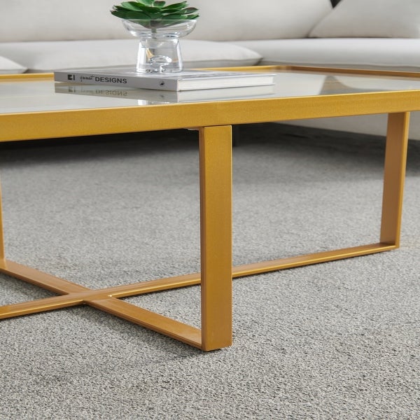 Minimalism Rectangle Coffee Table with Glossy Tabletop， Sofa Table with Metal Frame and Sturdy Cross Base for Living Room， Office