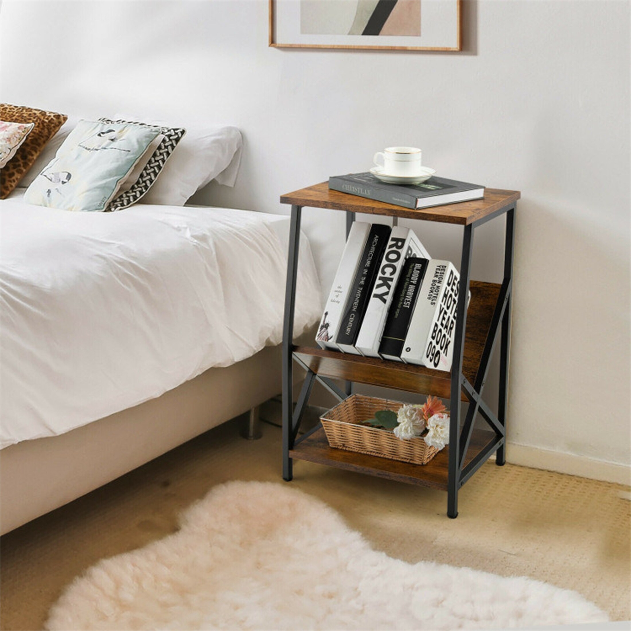 3-Tier Industrial Side Table with V Shaped Bookshelf for Living Room