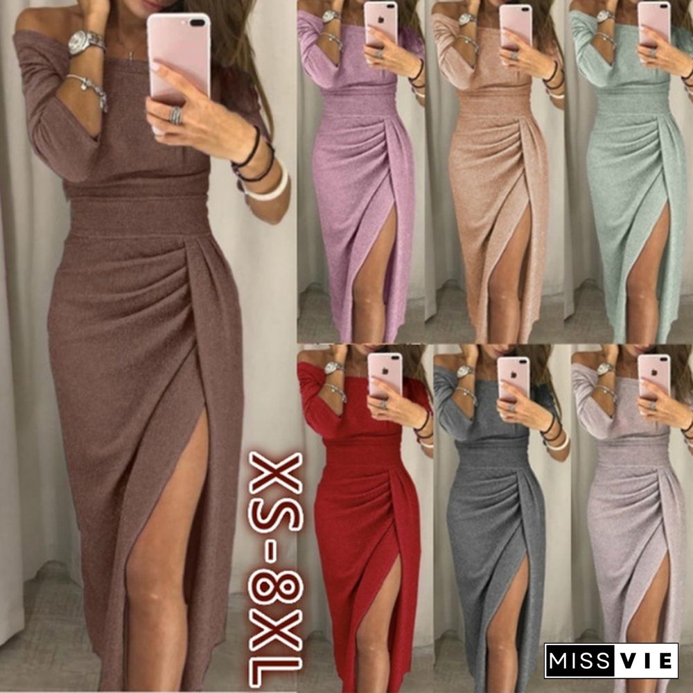 Women Off Shoulder Party Dresses High Slit Bodycon Dress Long Sleeve Fashion Prom Dress Skirt Plus Size Xs-8Xl