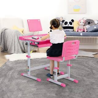 TOBBI Kids Desk and Chair Set Height Adjustable Children Study Workstation with Tilted Desktop Book Stand and Storage TH17S0763