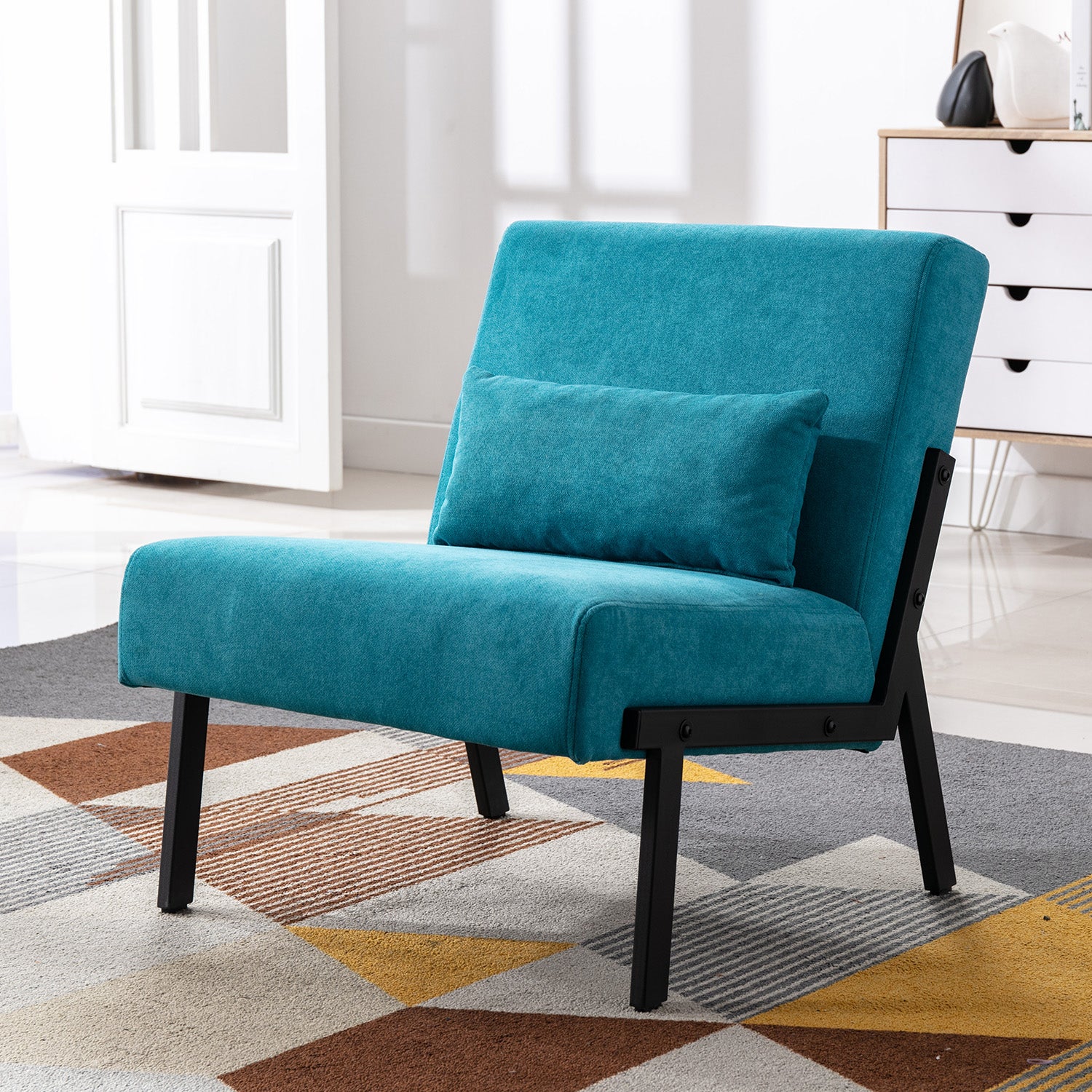 Fabric Accent Chair Fabric Sofa Chair Metal Tapered Leg Modern Comfy Decorative Livingroom Single Sofa Club Leisure Sofa Upholstered Sofa Chairs with Pillow & Metal Feet, Peacock Blue