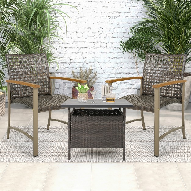 Tangkula Outdoor Rattan Chair Set Of 4 Patio Pe Wicker Dining Chairs W Acacia Wood Armrests Balcony Poolside