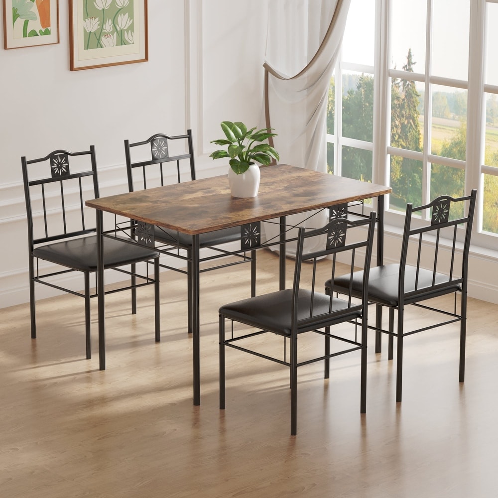 VECELO 5 piece Dining Table and Dining Chair Set of 4 Antique Brown