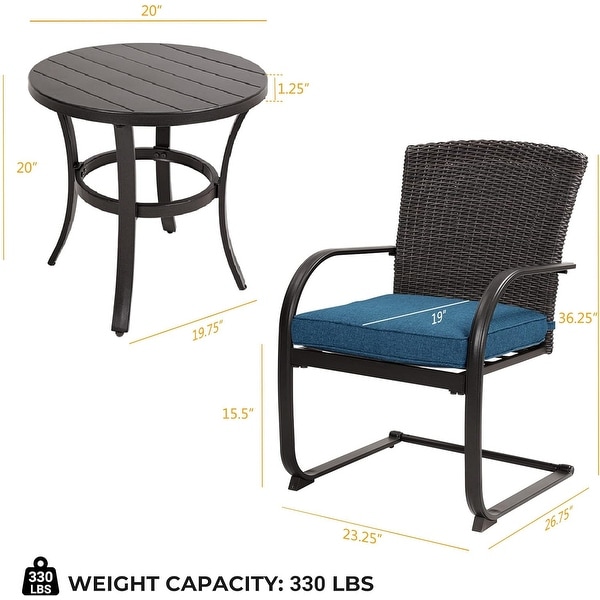 3 Piece CSpring Bistro Set，Outdoor Patio Rocking Wicker Chairs with Cushions and Small Coffee Table，for Porch，Garden