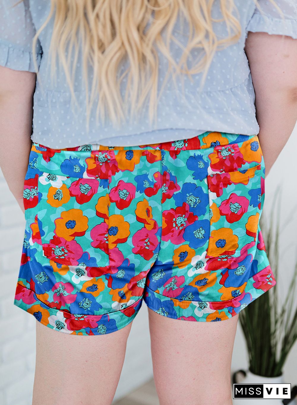 Multicolor Plus Size Abstract Floral Print Drawstring Shorts