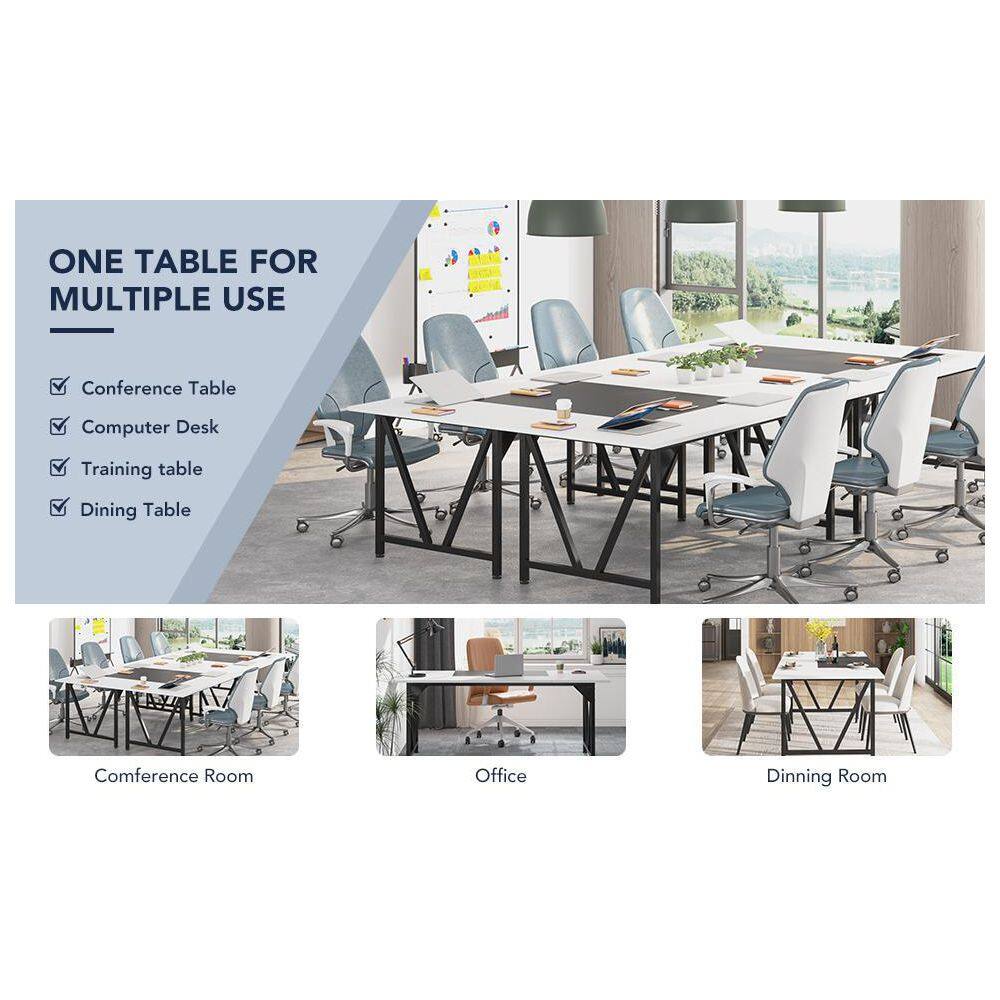 BYBLIGHT Capen 70.8 in. Retangular White Stitch Black 6 ft. Conference Room Table Meeting Computer Desk for 6 with M-Shaped Frame BB-JW0312DT