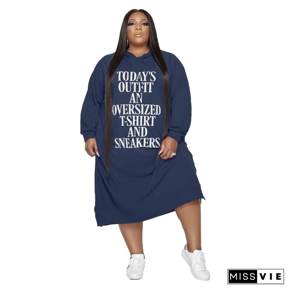 Letter Print Long Sleeve Hooded Loose Plus Size Dress