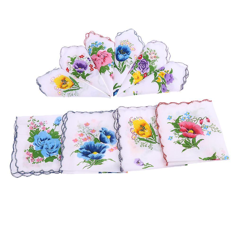 10pcs Women's Cotton Handkerchiefs Assorted With Wavy Edge And Print Floral