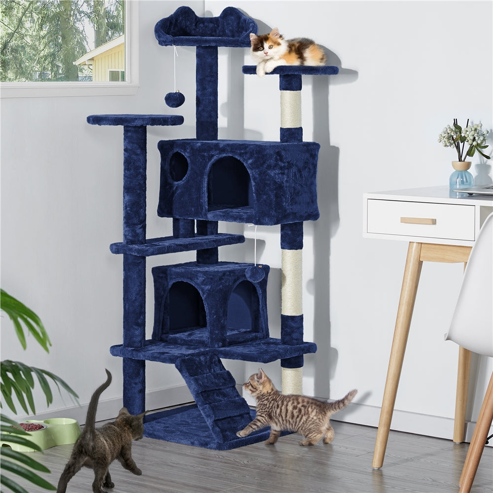 Topeakmart  54.5'' Cat Tree Condo Kitten Tree Tower Cat Kitten Scratching Tree Navy Blue