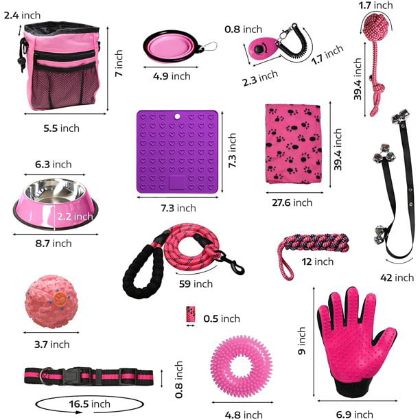 SETONWARE Puppy Starter Kit， Dog Toys， Dog Bed Blankets， Puppy Dog Grooming Tool， Training， Toys， Training Bells Dog Leashes Accessories for Dogs Gift for New Puppies Pink 23 Pieces