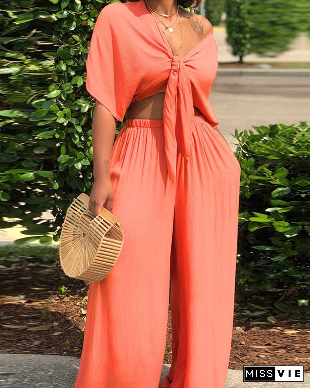 Solid Color Tie Front Crop Top & Wide Leg Pants Set