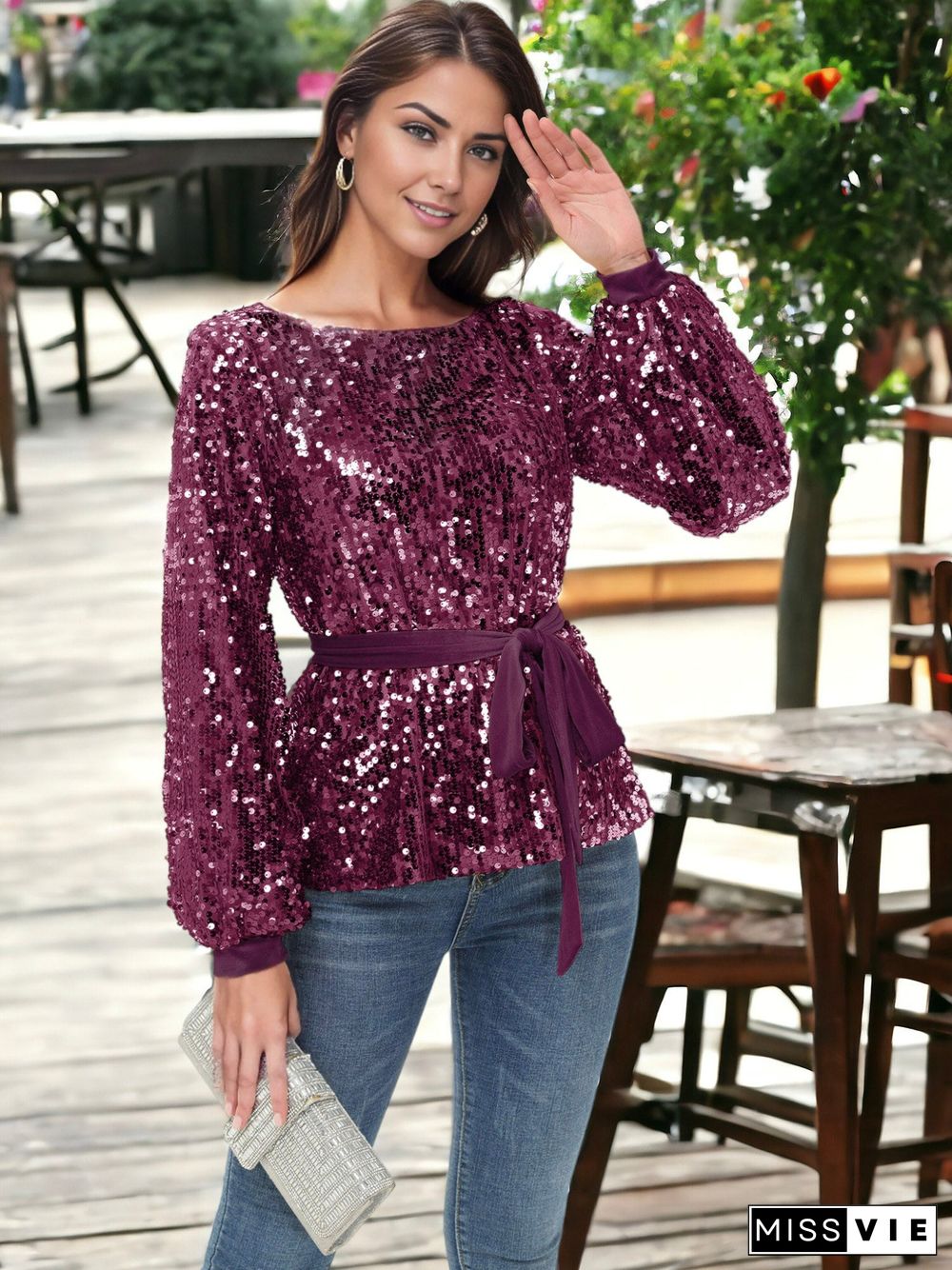 Sequin Party Tie Waist Sweatshirt Pullover Top