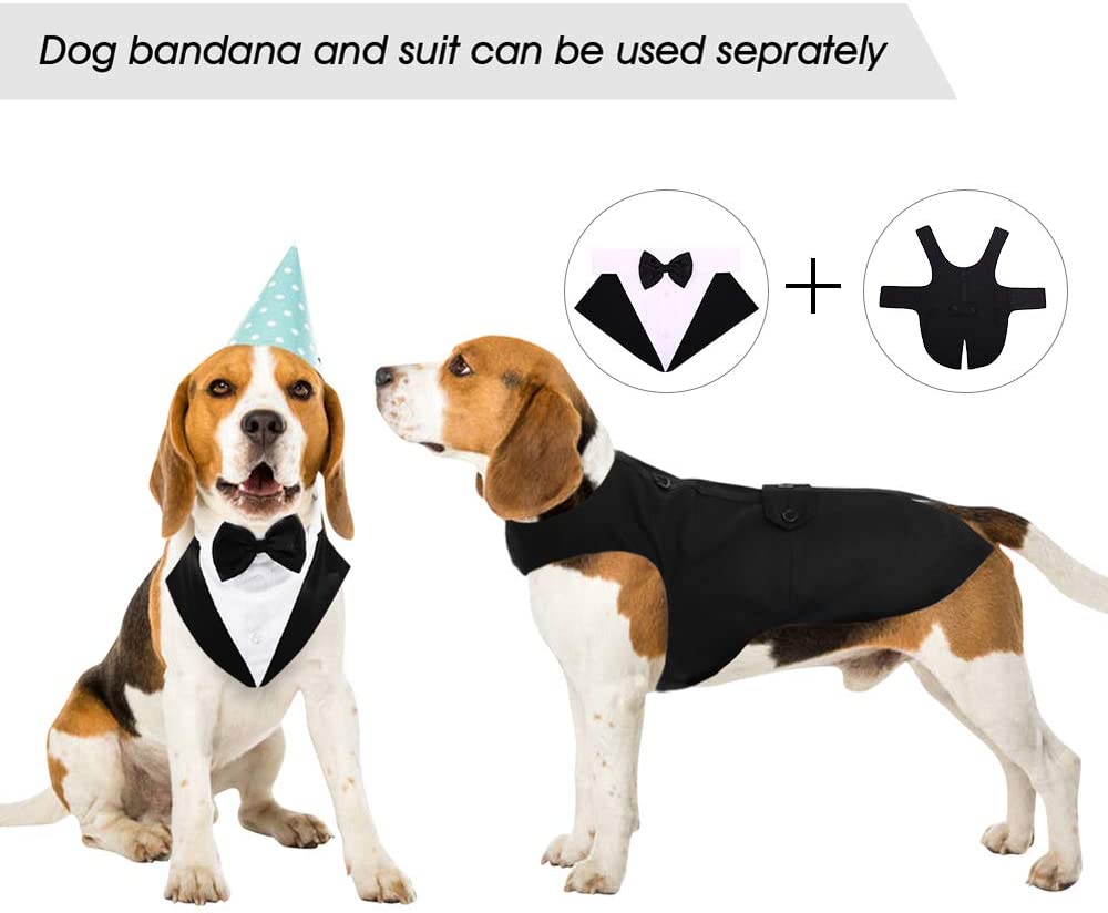 Dog Tuxedo Dog Suit and Bandana Set， Dogs Tuxedo Wedding Party Suit， Dog Prince Wedding Bow Tie Shirt Formal Dog Weeding Attire for Various Dogs - S