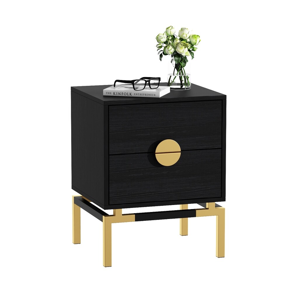 Timechee 2 Drawers Metal Handles Wood Bedside Table End Table Nightstand