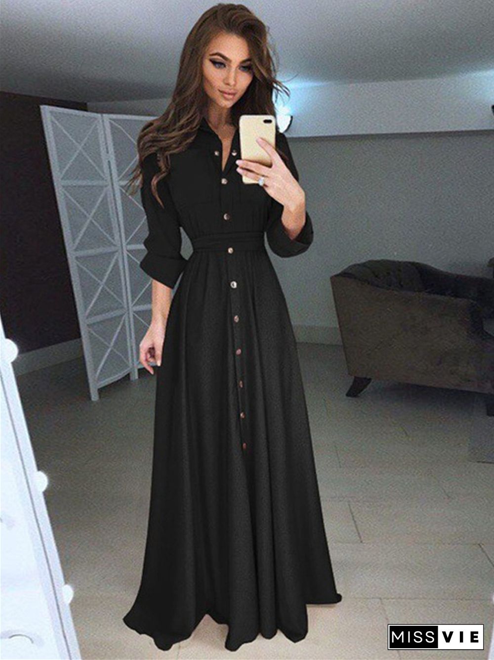 Long Sleeve Button Lace Solid Color Dress