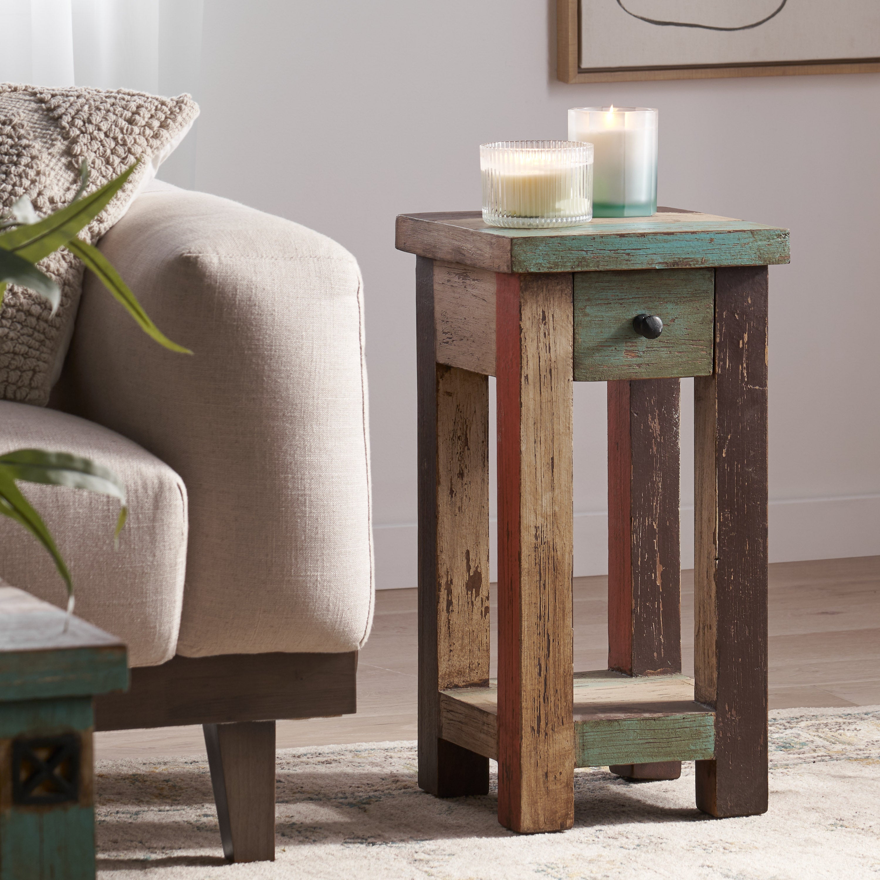 Tracey Boho Handmade Distressed Mango Wood Small Side Table, Multicolored