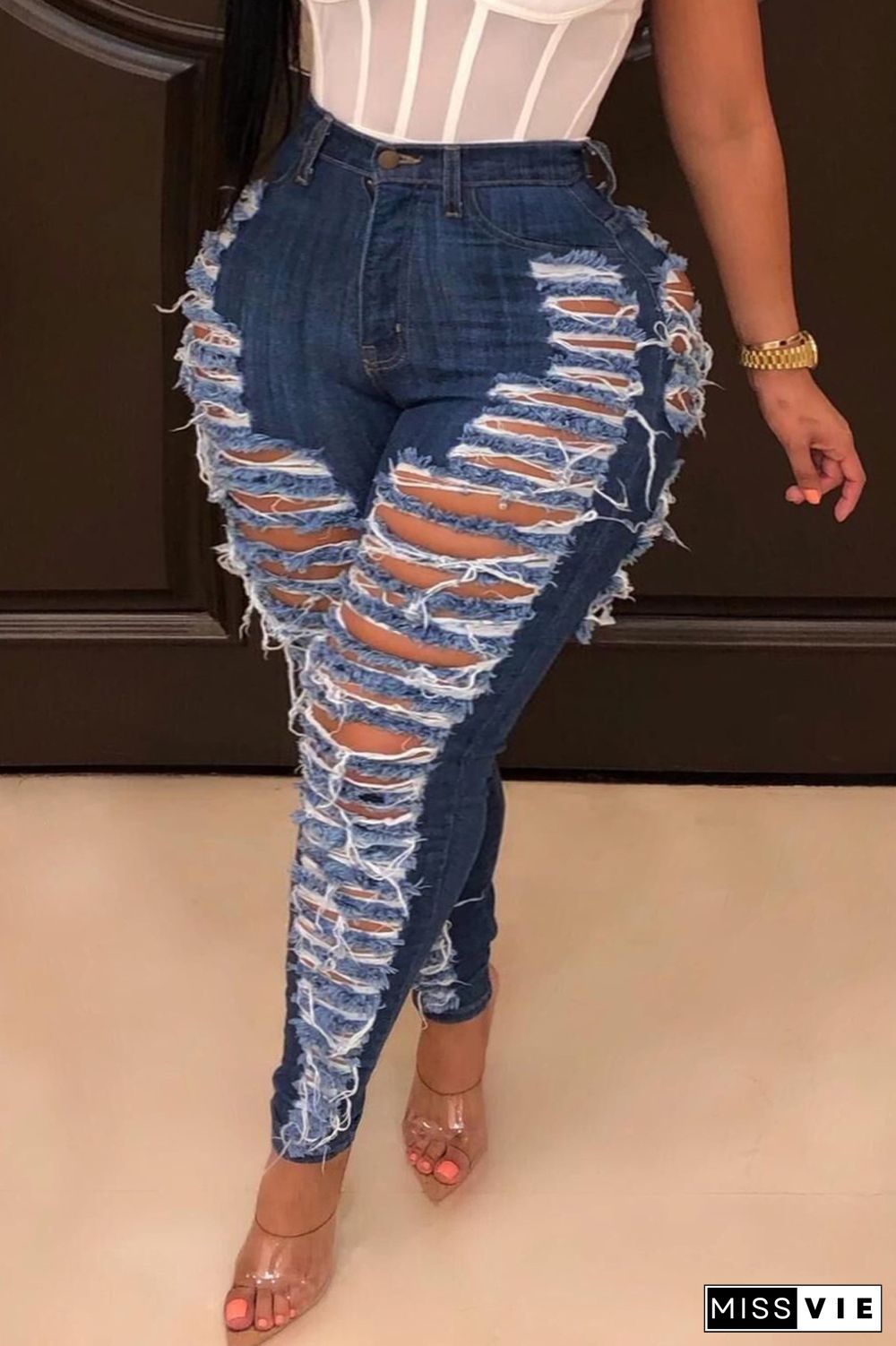 Black Casual Solid Ripped Patchwork Plus Size Jeans