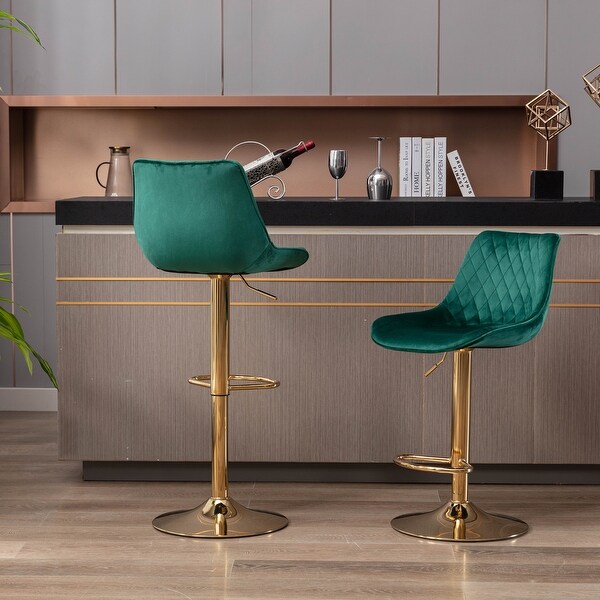 Set of 2 Bar Stools，With Chrome Footrest and Base Swivel Height Adjustable Mechanical Lifting Velvet， Golden Leg