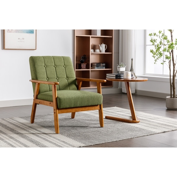 Modern Solid Wood Armrest Accent Chair， Mid-Century Linen Upholstered Button Lounge Chairs， for Livingroom Chair， Green