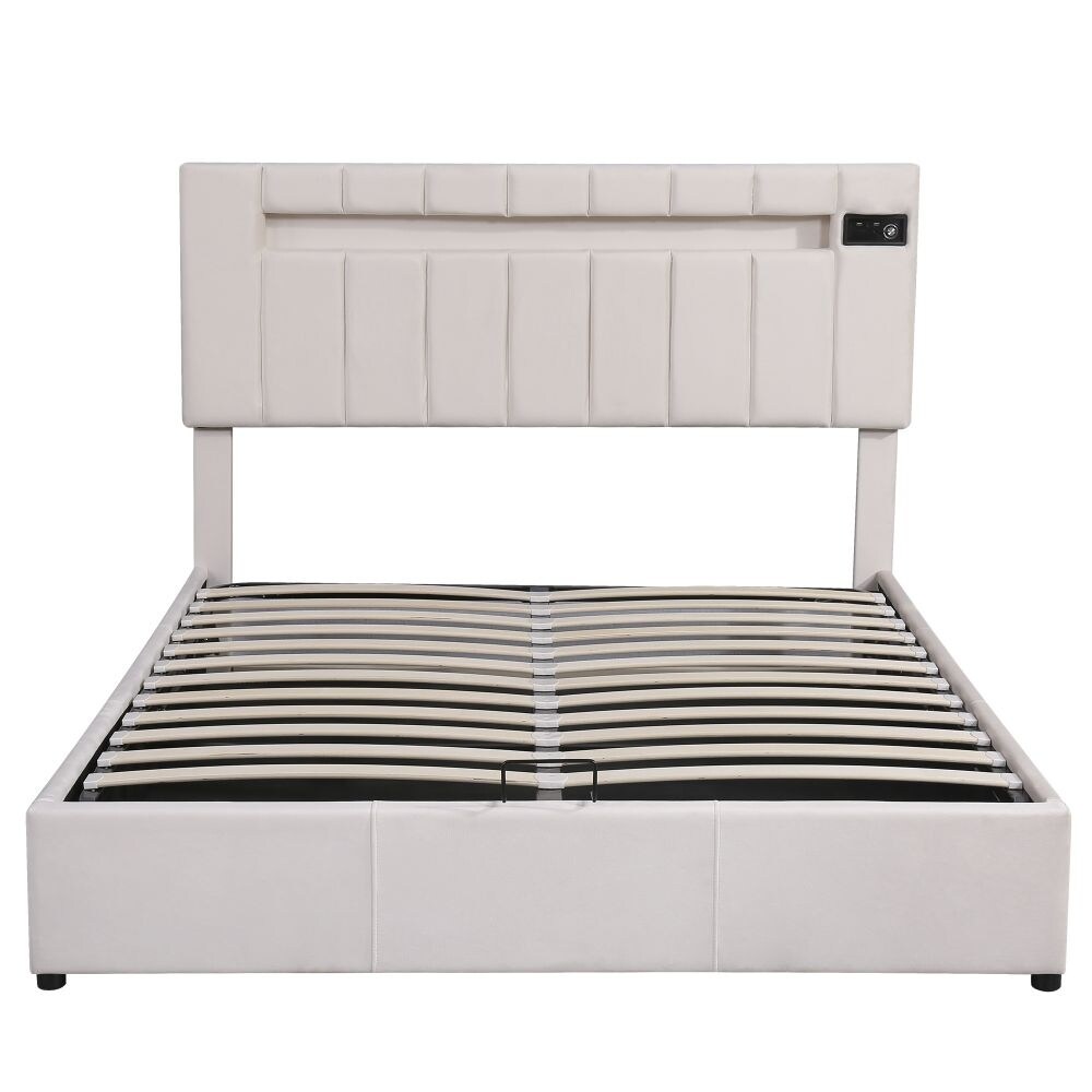 Upholstered Bed Queen Size with LED light  Bluetooth Player and USB Charging  Hydraulic Storage Bed