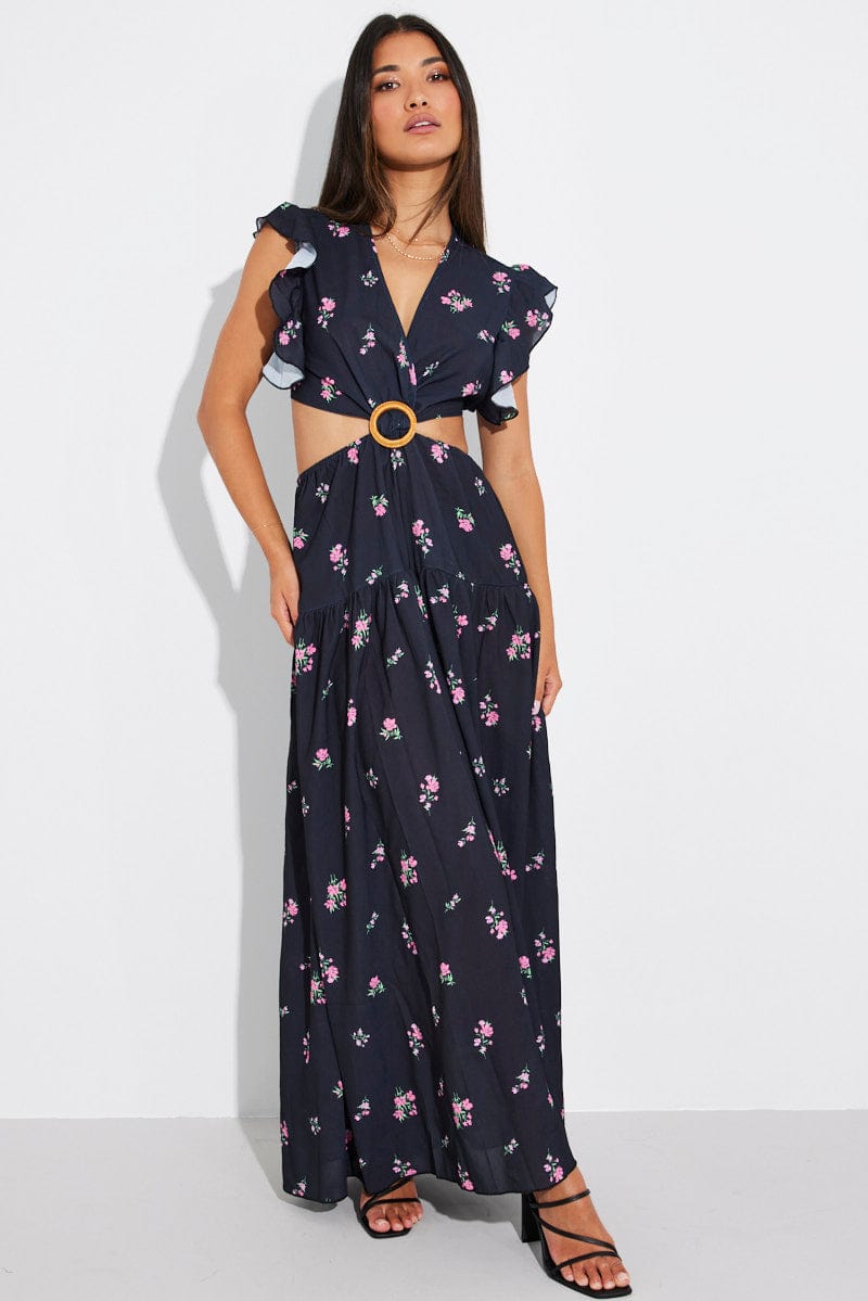 Black Floral Maxi Dress Flutter Ruffle Shoulder Buckle Dress