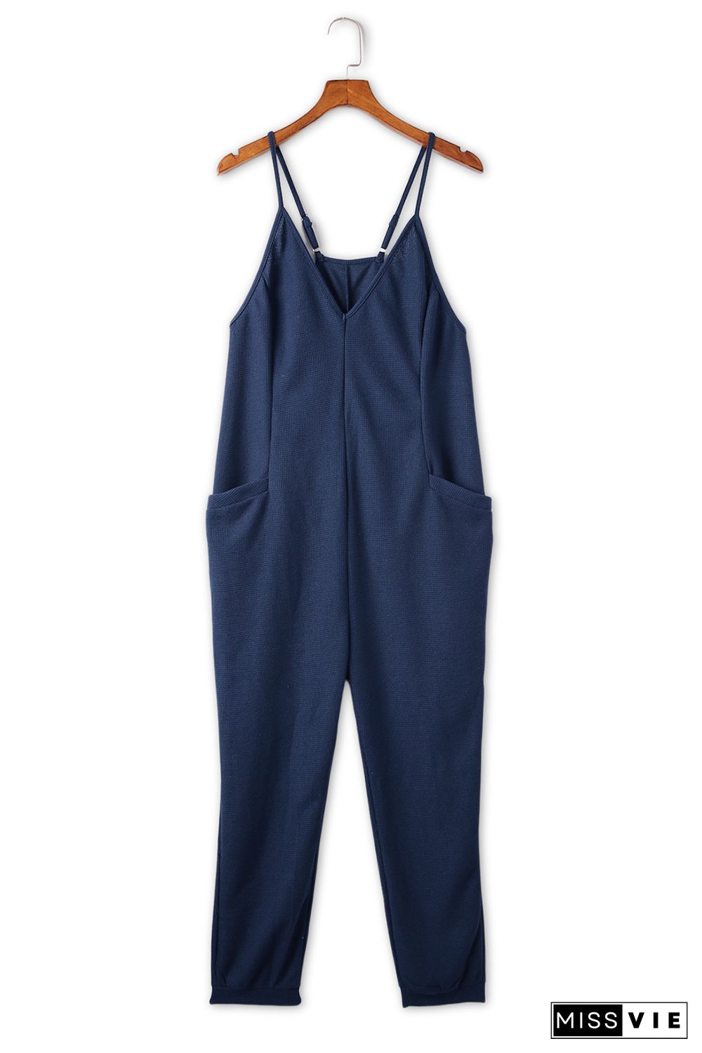 Blue Textured Sleeveless V-Neck Pocketed Casual Jumpsuit