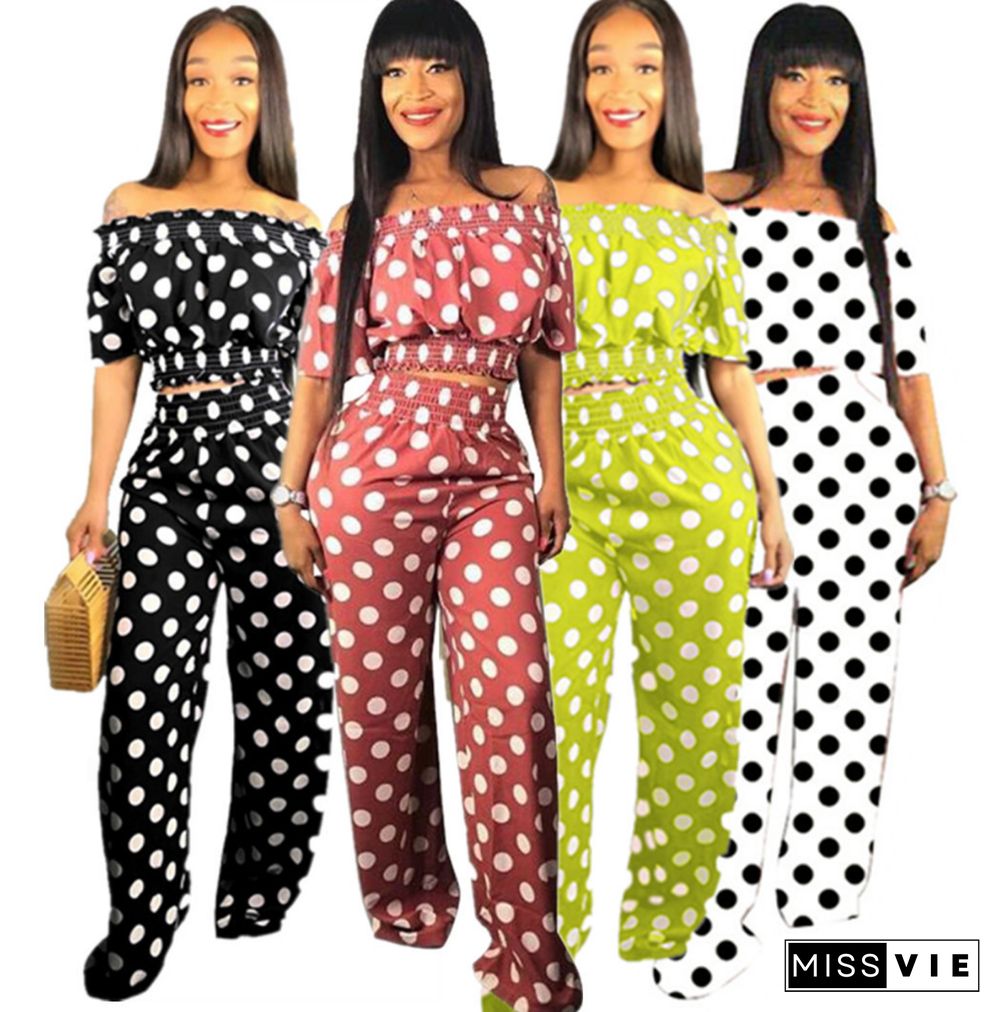 Stylish Off Shoulder Polka-dot Top Wide-leg Pants 2 Piece Set