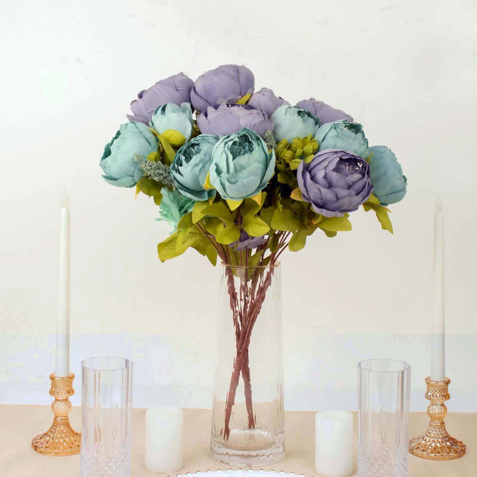 2 Pack Dusty Blue Artificial Peony Flower Wedding Bouquets, Faux Silk Flower Arrangements 19