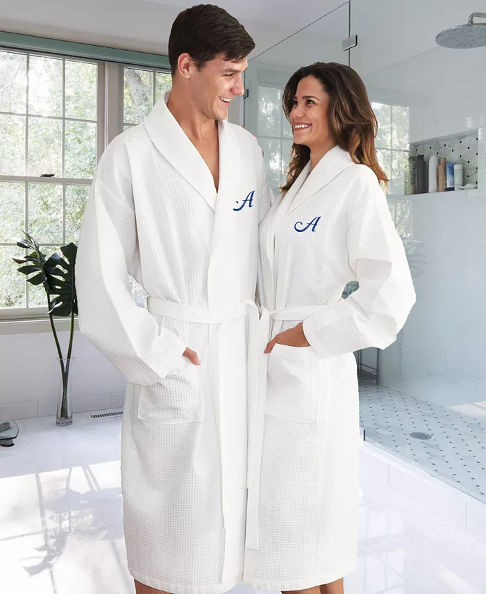 Linum Home Personalized Unisex Navy Embroidered Turkish Cotton Waffle Weave Bathrobe