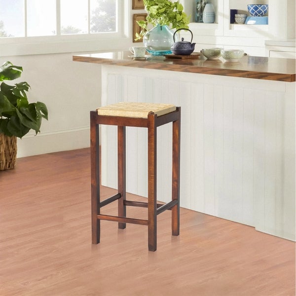 32 Inch Mango Wood Barstool with Rope Weaved Seat， Brown