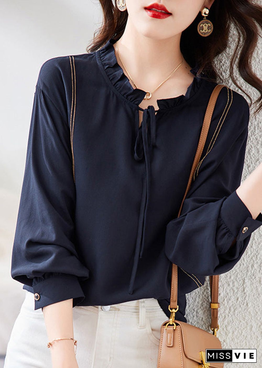 Chic Navy Neck Tie Patchwork Chiffon Shirt Long Sleeve