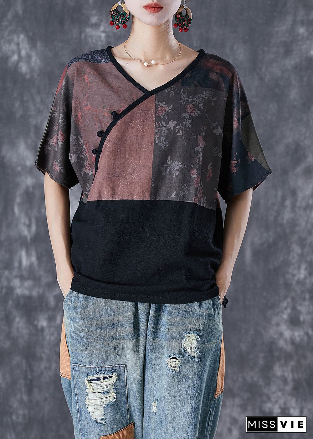 Fitted Black Patchwork Oversized Linen Shirt Top Summer