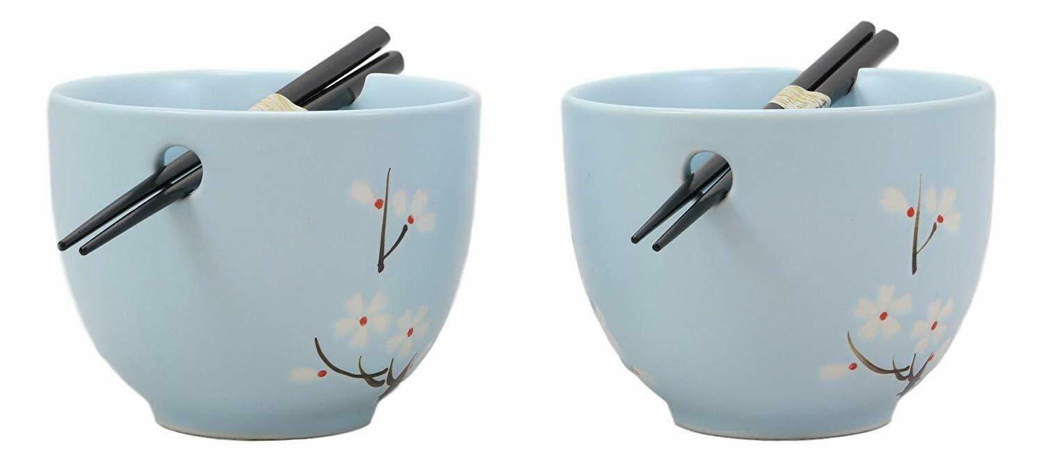 1 Ceramic Japanese Cherry Blossoms Sky Blue Ramen Noodle Bowls and Chopsticks Set 2 EBR02