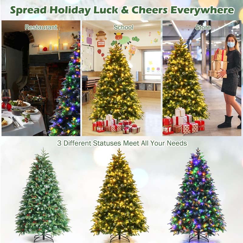 5/6/7/9FT Snowy Leaves Pre-Lit Hinged Artificial Christmas Tree with 11 Flash Modes & Multi-Color Lights