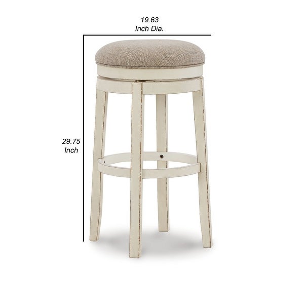 30 Inch Swivel Backless Barstool， Distressed White， Beige Polyester Seat