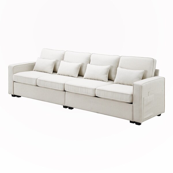 4-Seater Linen Fabric Sofa with Armrest Pockets and 4 Pillows