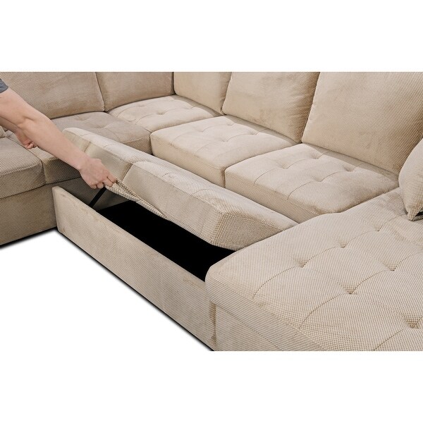 123 Inch U Shaped Sectional Sofa With Storage And 4 Throw Pillows