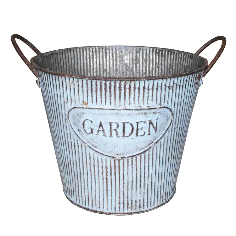 Galvanized Metal Flower Bucket Decorative Home Garden Blue Planter Pot