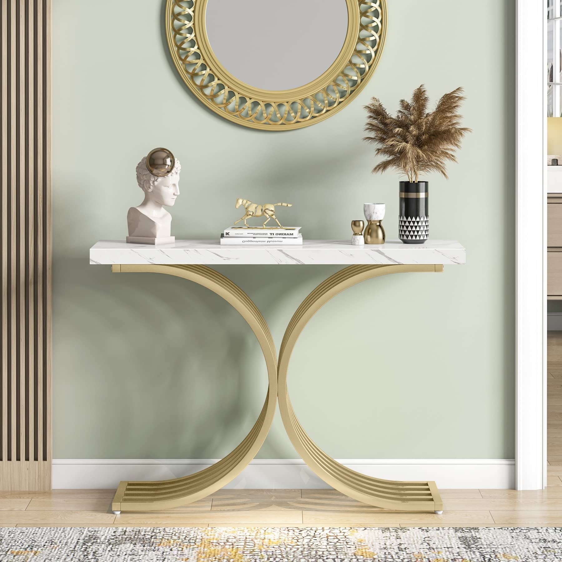 X-Base Gold Console Table， Narrow Sofa Accent Table with Marble Top for entrance， Hallway - 43'' L x 11.8'' D x 32”H