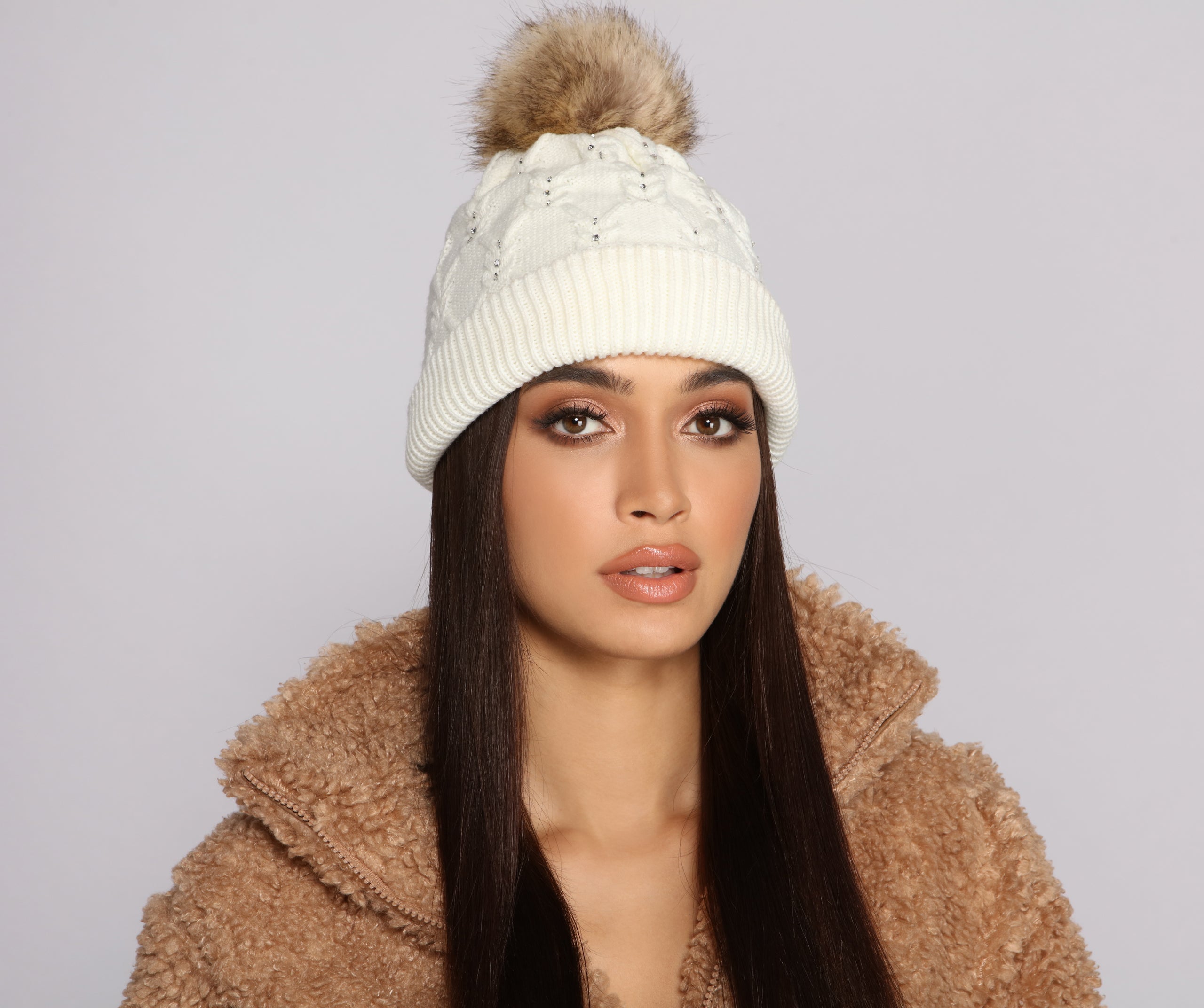 Chilly Day Rhinestone and Pom Knit Beanie