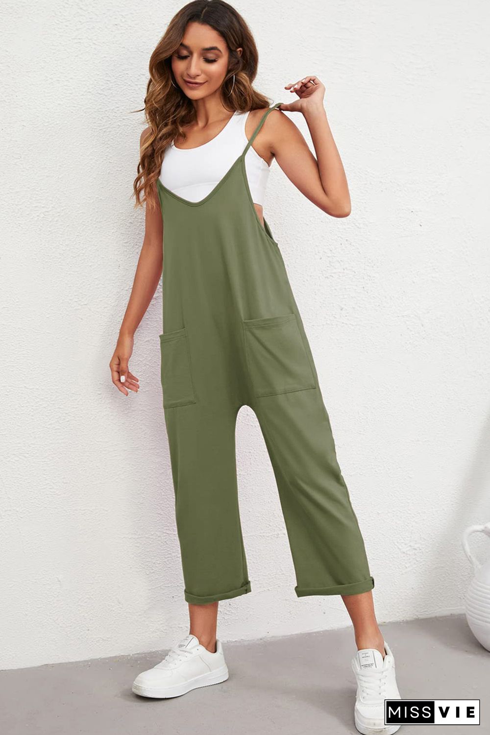 Green Pocketed Adjustable Spaghetti Strap Straight Leg Jumpsuit