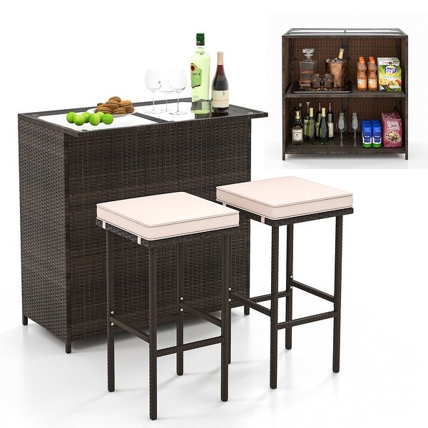 3 Pcs Patio Bar Set with Tempered Glass TabletopBrown