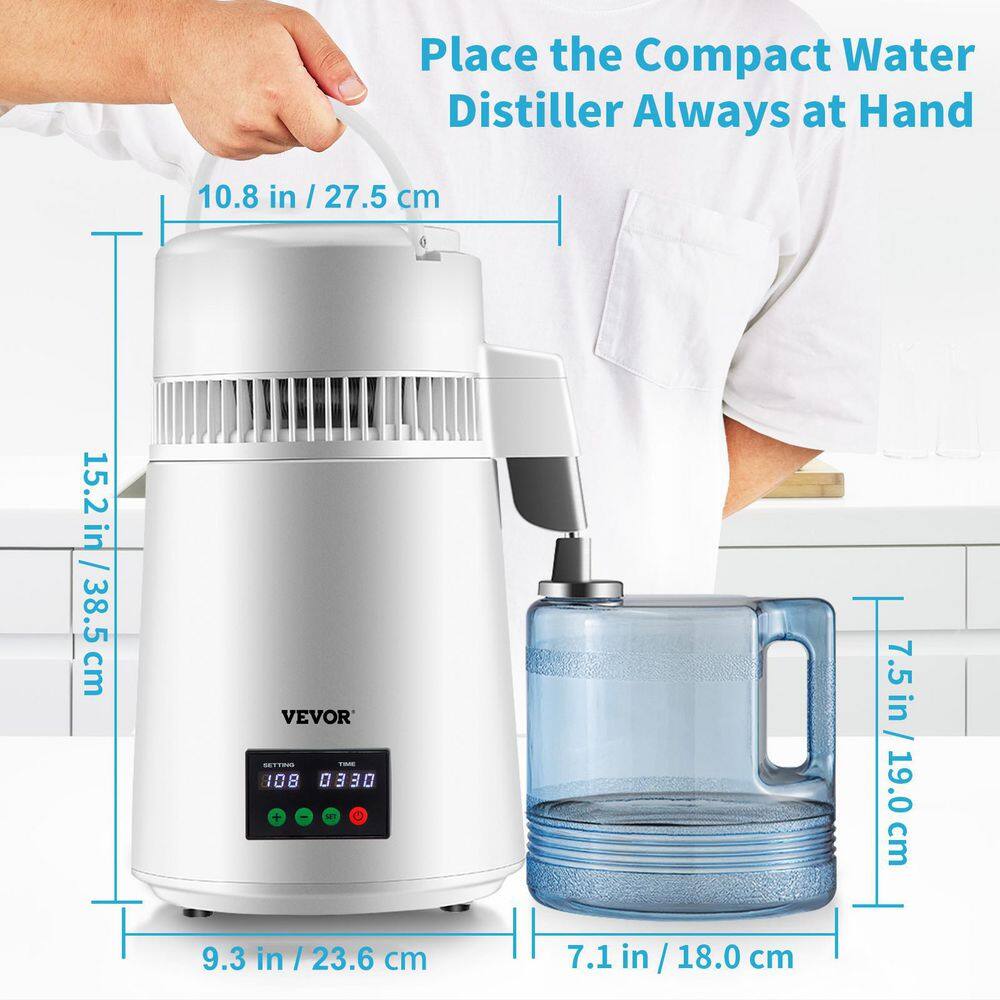 VEVOR 1.1Gal. Water Distiller 0.3 Gal.H Distilled Water Maker Machine 750W 0-99H Timing Setting Temp Display Distiller White D1LH4L1LH110VVSKZV1