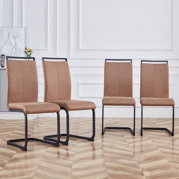 Set of 4 Modern Dining Chairs， PU Faux Leather High Back Upholstered Side Chair with C-shaped Tube Chrome Metal Legs